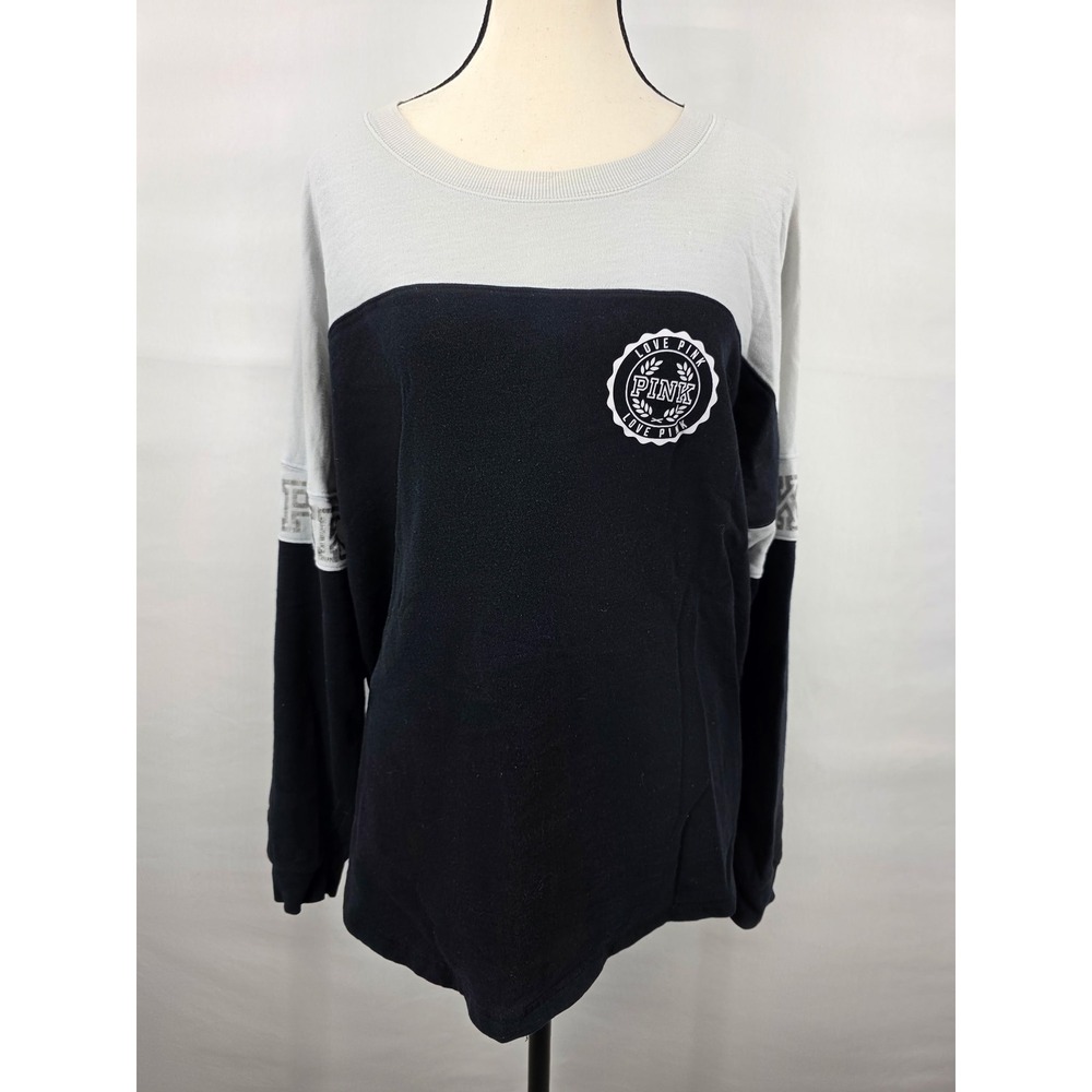 Victorias Secret PINK Long Sleeve Campus Tee Black Grey Marbled Logo Large